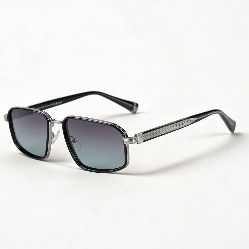 The Broker metal navigator sunglasses three quarter view showing engraved temple and hinge — view 3