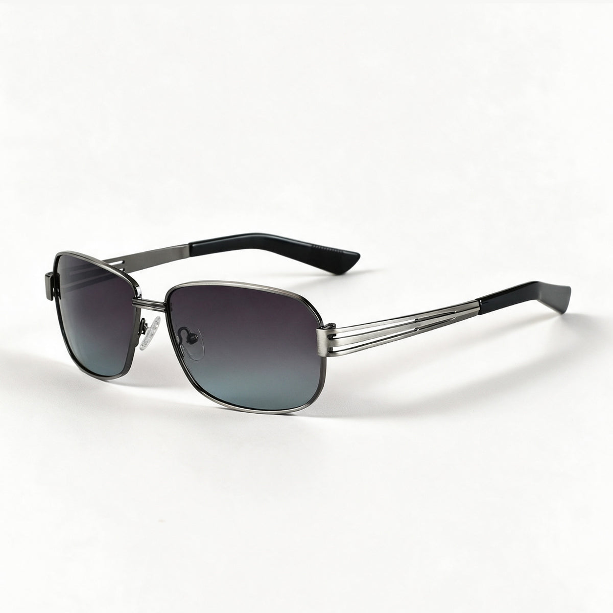 The Diplomat brushed silver navigator sunglasses three quarter view showing temple and hinge — view 3