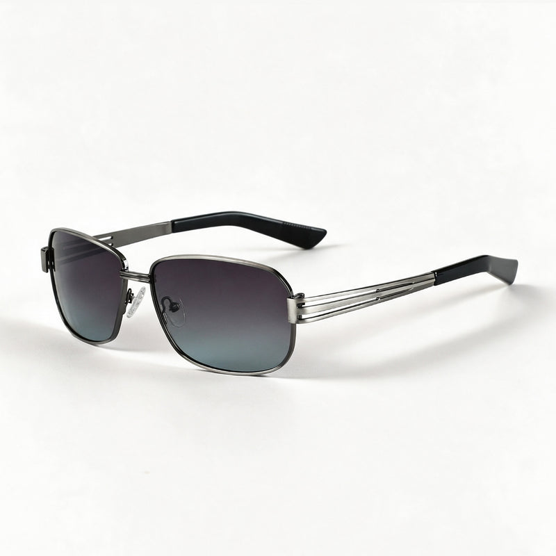 The Diplomat brushed silver navigator sunglasses three quarter view showing temple and hinge — view 3