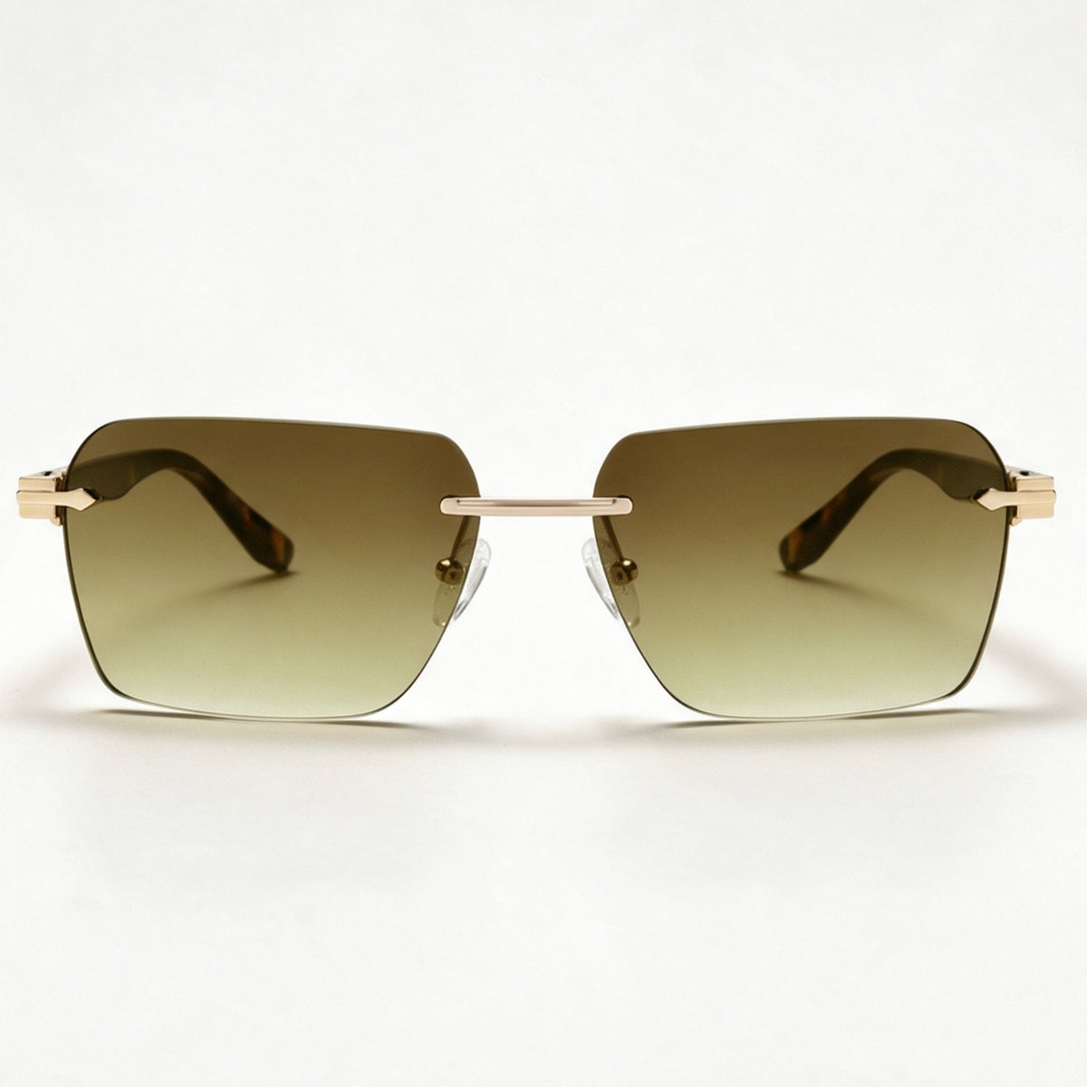 The Voyager rimless rectangle sunglasses front view in gold with gradient brown lenses — view 2