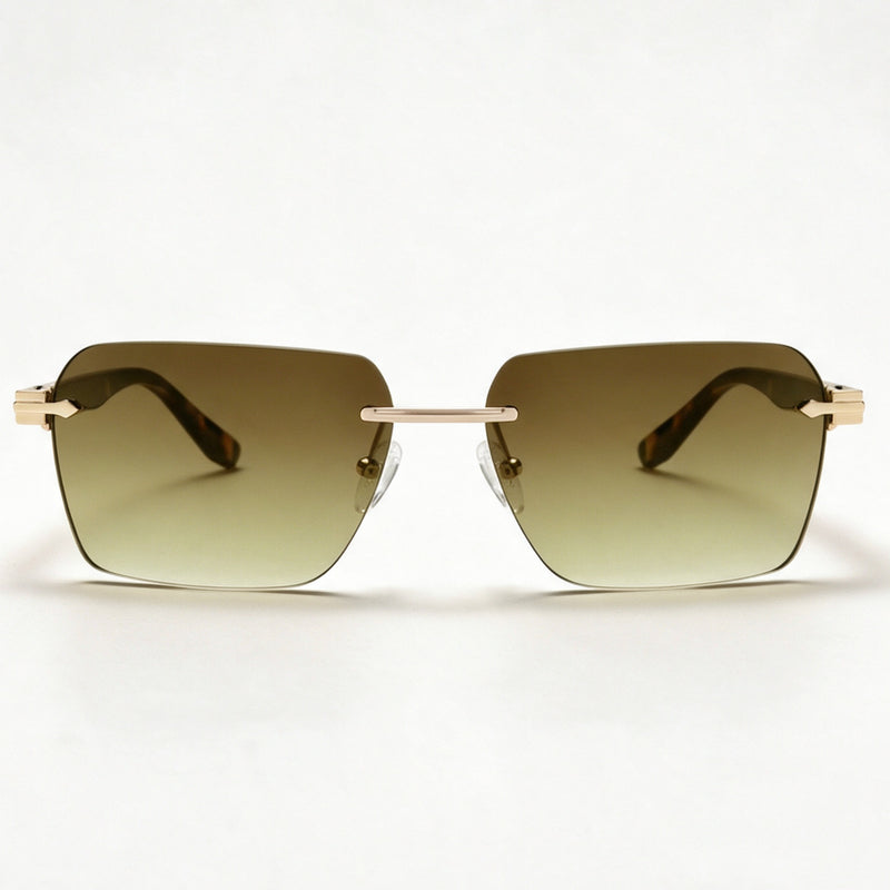 The Voyager rimless rectangle sunglasses front view in gold with gradient brown lenses — view 2
