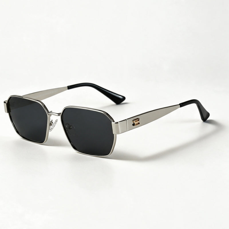 The Banker silver wide hexagonal navigator sunglasses three quarter view showing temple and hinge — view 3