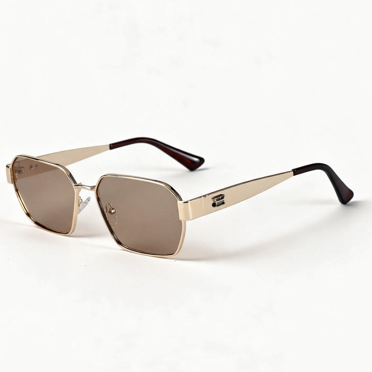 The Banker gold wide hexagonal navigator sunglasses three quarter view showing temple and hinge — view 3