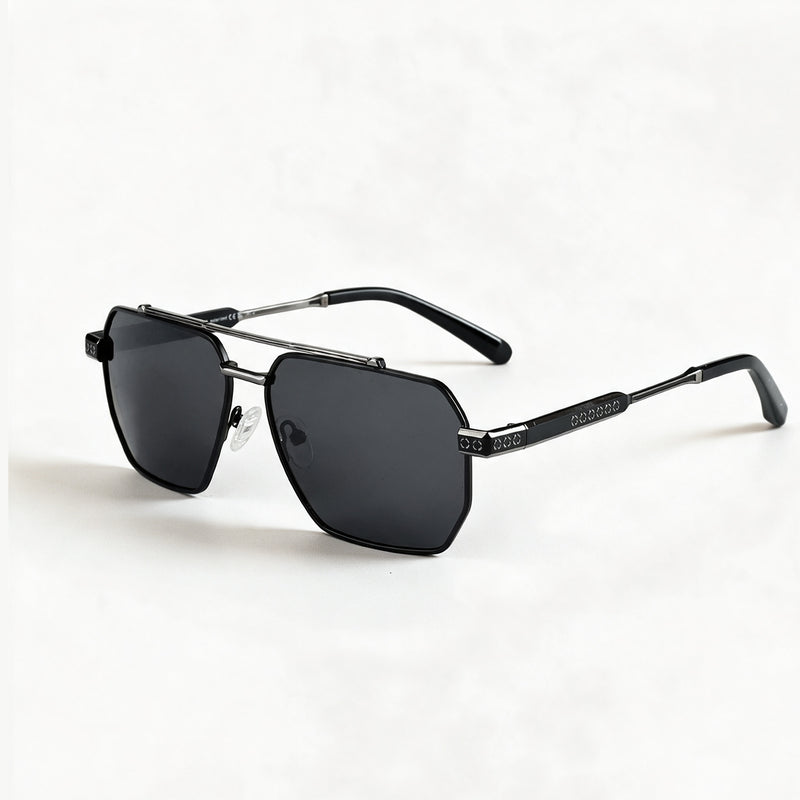 The Chairman flat top double bridge sunglasses three quarter view showing temple and hinge — view 3