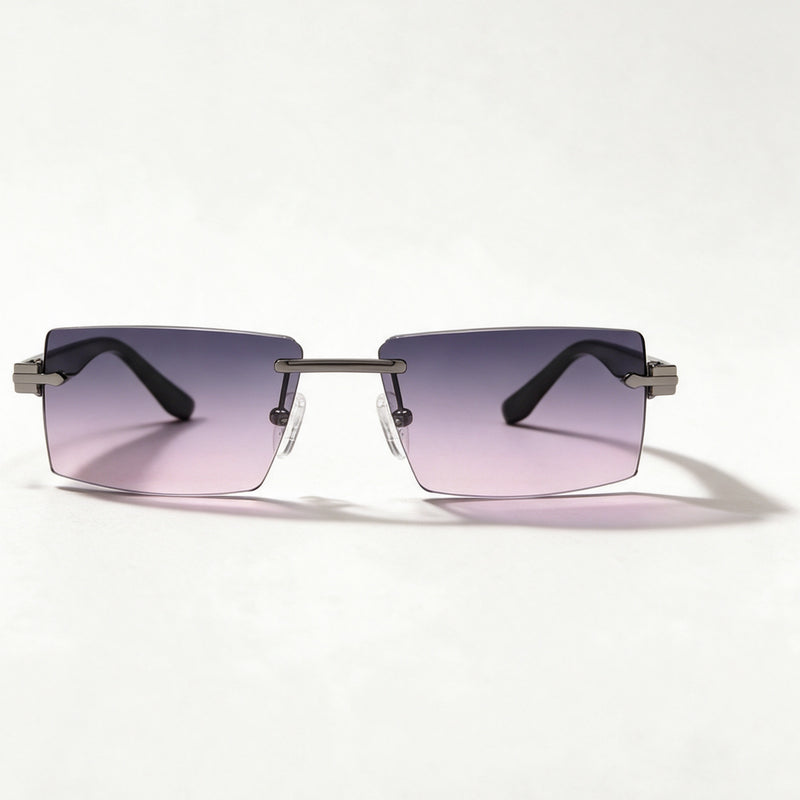 The Ambassador rimless rectangle sunglasses front view in gun metal with grey pink mirror lenses — view 2