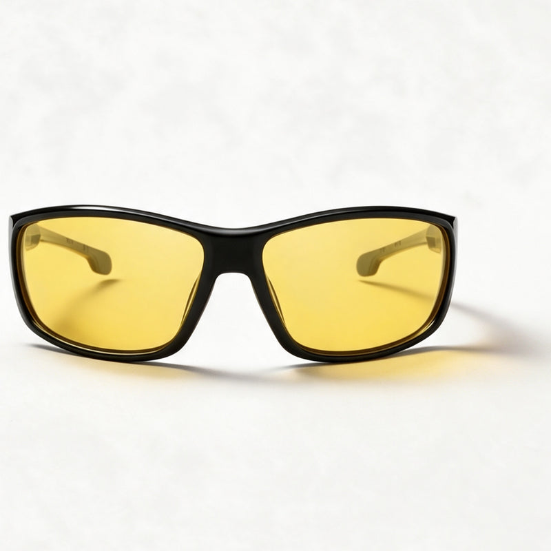 The Sprinter wrap sport sunglasses front view in gloss black with yellow lenses — view 2