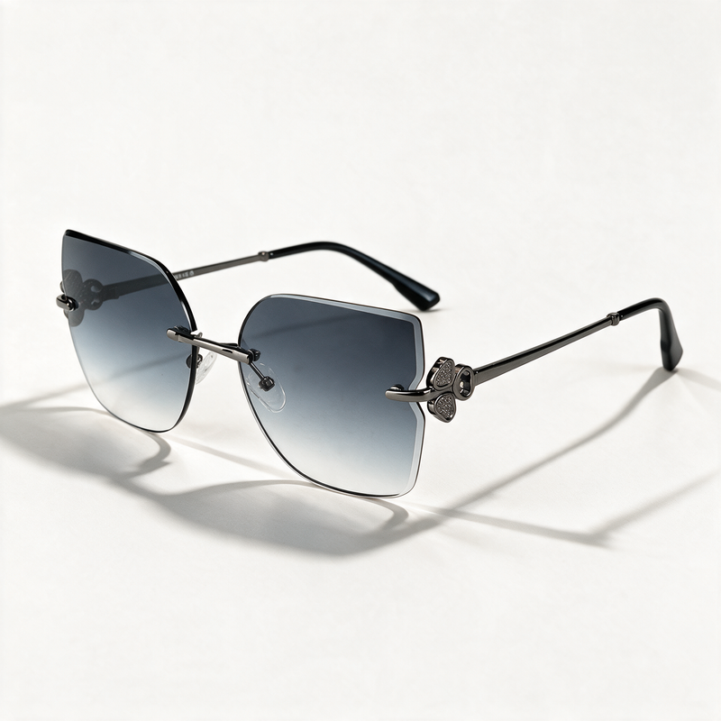 The Blank Tag Empress rimless square sunglasses for women, gun metal with smoky grey gradient lens – front view — view 1