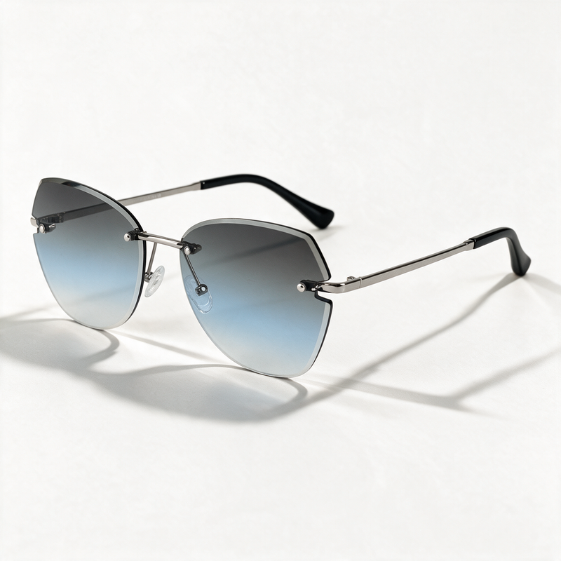 The Blank Tag Lagoon rimless square sunglasses for women, light gun metal with blue-grey gradient lens – front view — view 1