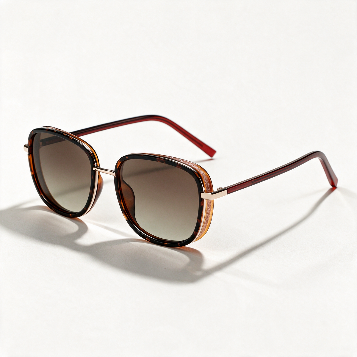 The Blank Tag Mosaic layered square polarised sunglasses for women, gold with translucent rim and brown gradient lens – front view — view 1