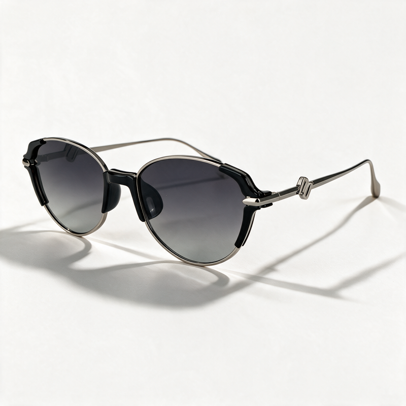 The Blank Tag Refined slim oval polarised sunglasses for women, black with gunmetal rim and grey gradient lens – front view — view 1