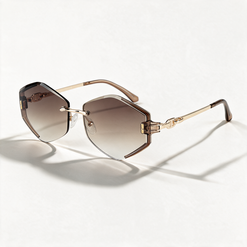 The Blank Tag Prism rimless geometric octagon sunglasses for women, gold with faceted brown gradient lens – front view — view 1