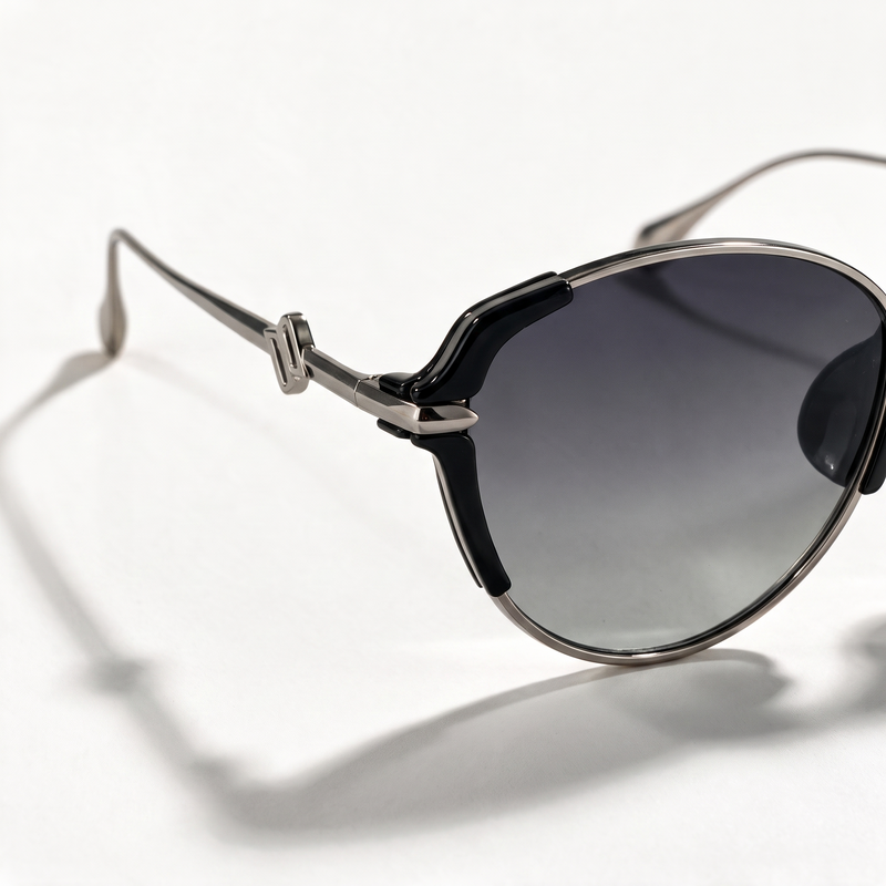 The Blank Tag Refined slim oval polarised sunglasses for women, black with gunmetal rim and grey gradient lens – side view — view 2