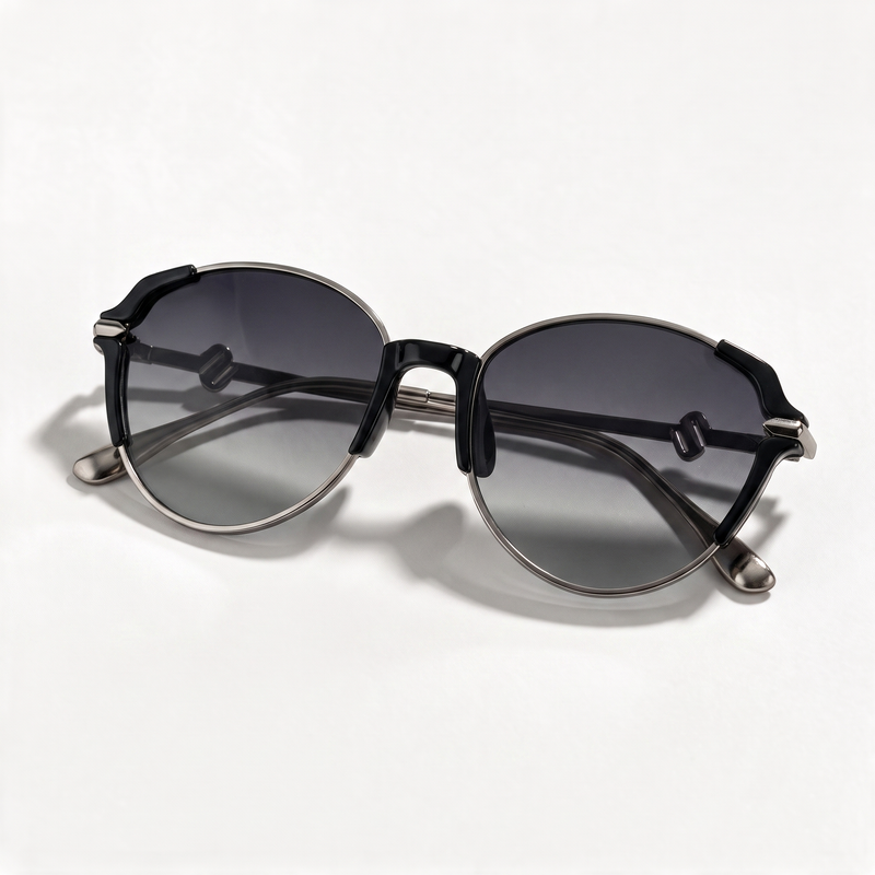 The Blank Tag Refined slim oval polarised sunglasses for women, black with gunmetal rim and grey gradient lens – angled view — view 3