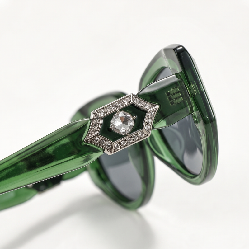 The Blank Tag Jewel translucent emerald cat-eye polarised sunglasses for women with crystal temples – side view — view 2