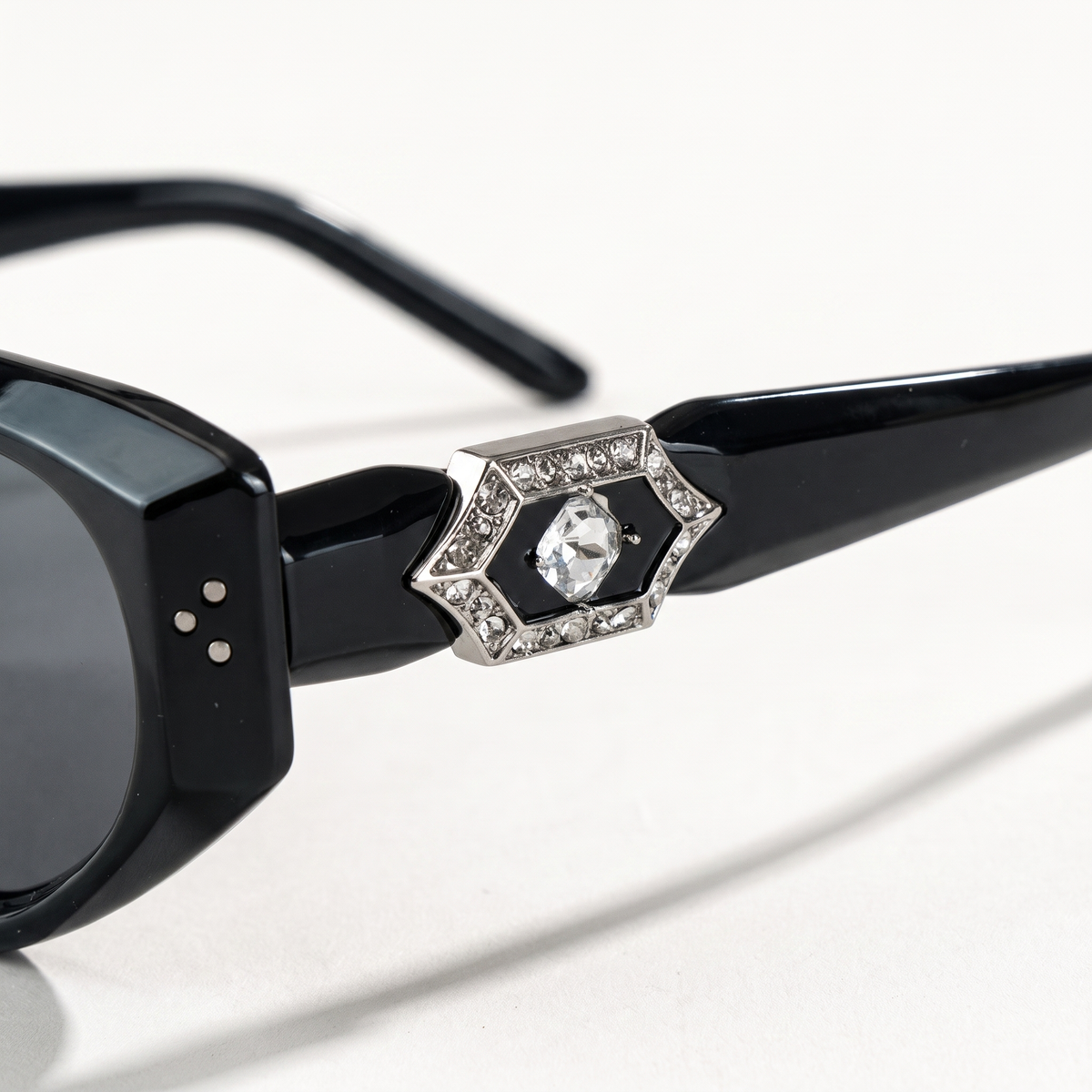 The Blank Tag Jewel chunky black cat-eye polarised sunglasses for women with crystal temples – side view — view 2