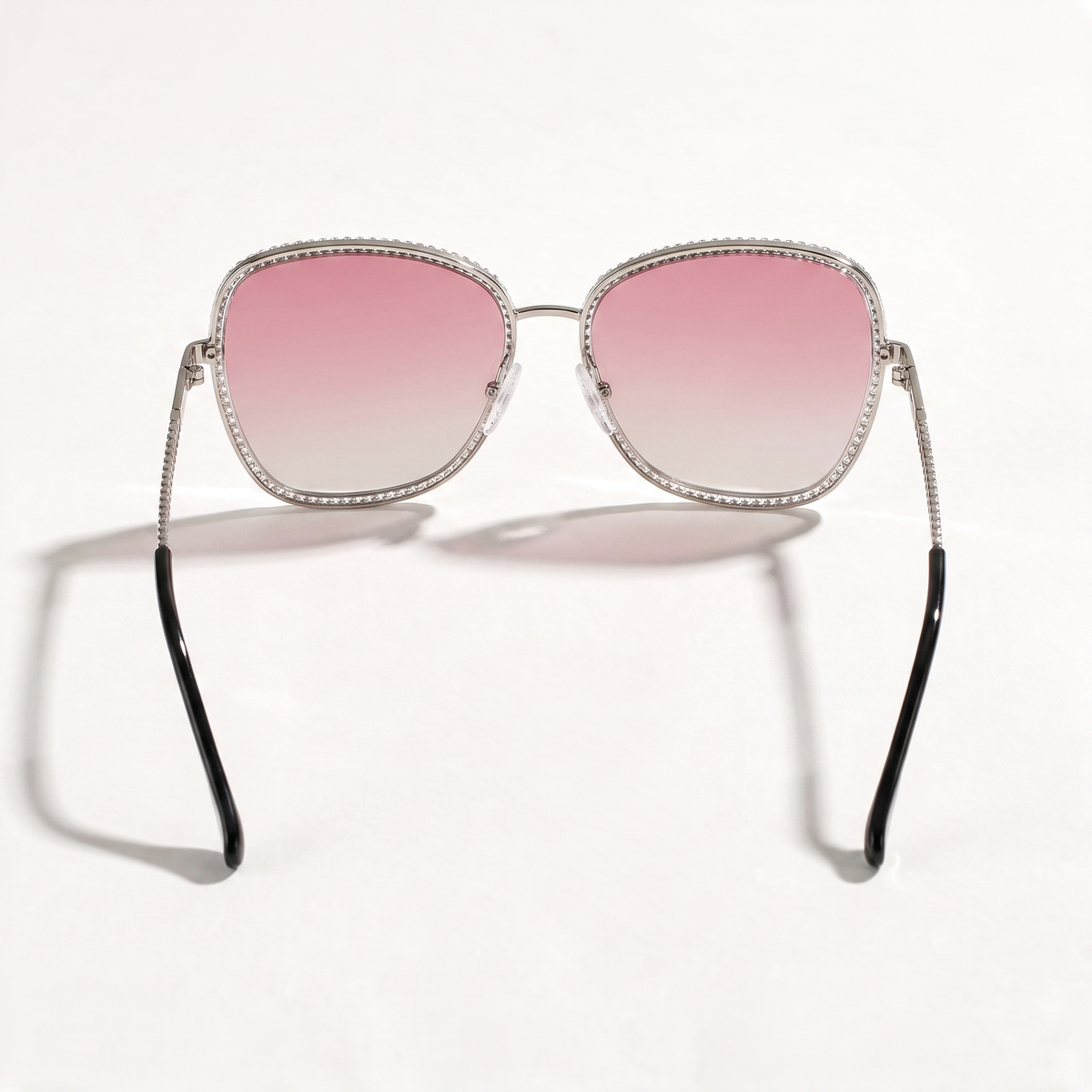 The Blank Tag Starlet crystal-trim oversized square polarised sunglasses for women, silver with pink gradient lens – detail view — view 4
