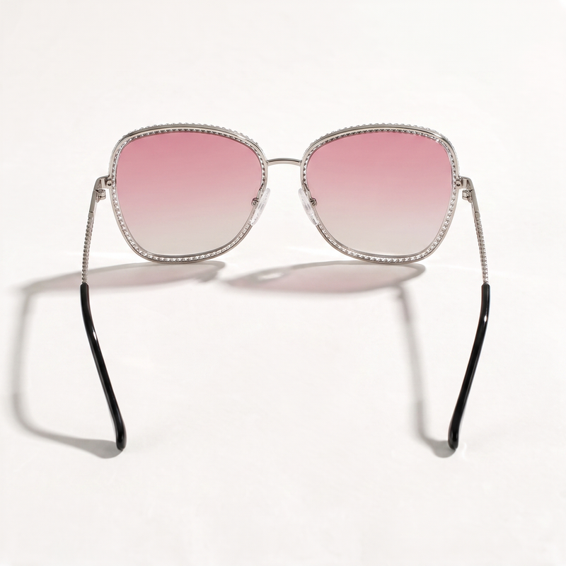 The Blank Tag Starlet crystal-trim oversized square polarised sunglasses for women, silver with pink gradient lens – detail view — view 4
