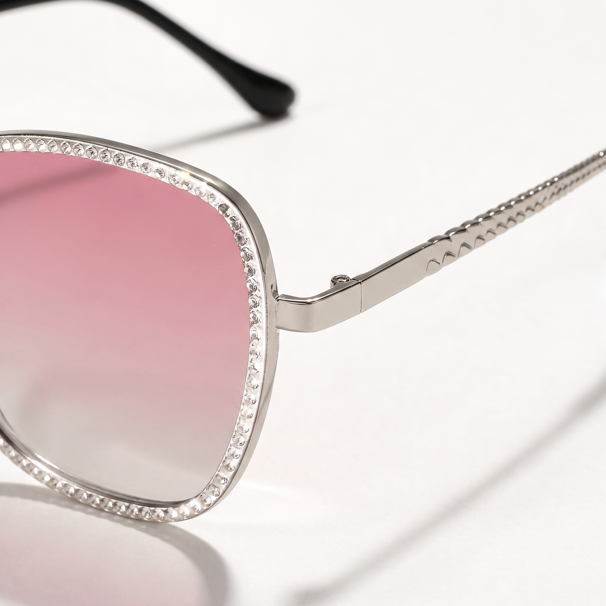 The Blank Tag Starlet crystal-trim oversized square polarised sunglasses for women, silver with pink gradient lens – side view — view 2