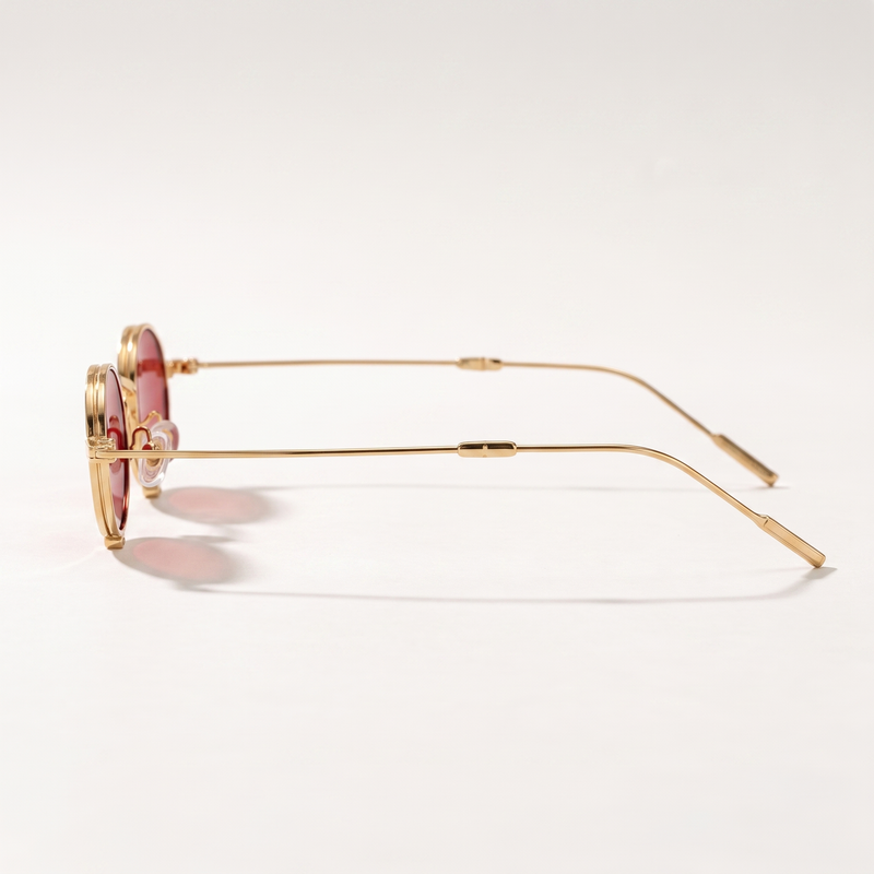 The Blank Tag Relic vintage micro round polarised sunglasses, gold with red tinted lens – angled view — view 3