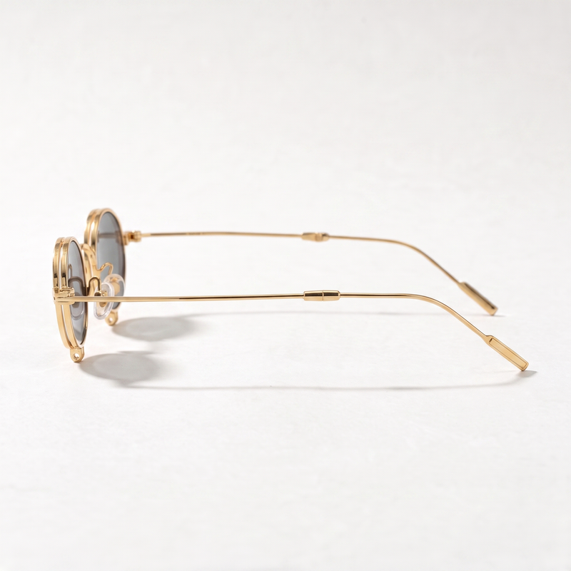 The Blank Tag Relic vintage micro round polarised sunglasses, gold with grey tinted lens – angled view — view 3