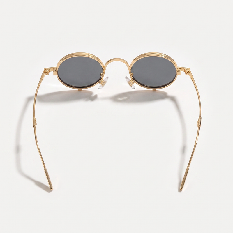 The Blank Tag Relic vintage micro round polarised sunglasses, gold with grey tinted lens – detail view — view 4