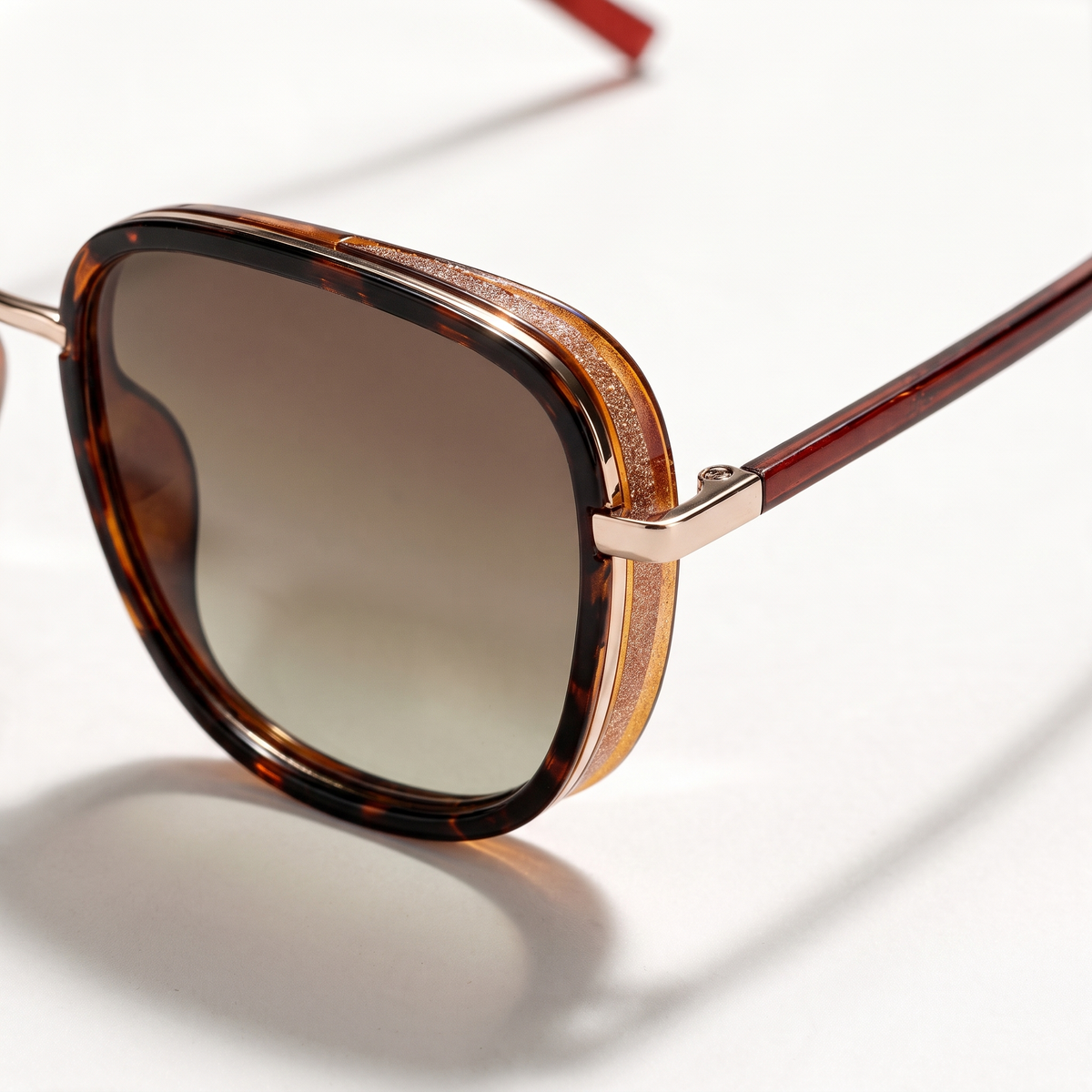 The Blank Tag Mosaic layered square polarised sunglasses for women, gold with translucent rim and brown gradient lens – side view — view 2