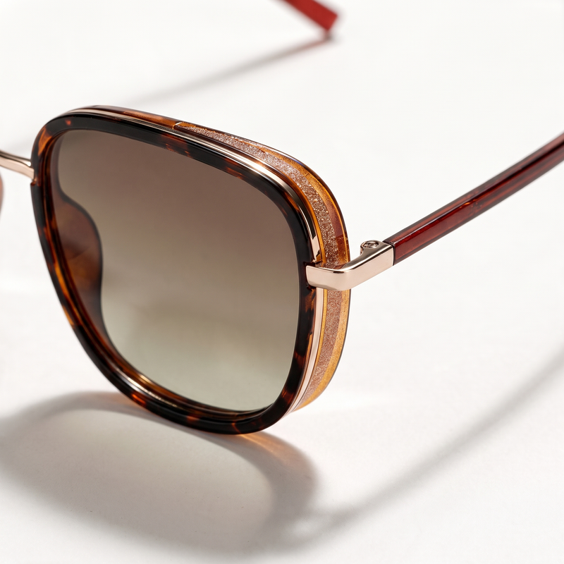 The Blank Tag Mosaic layered square polarised sunglasses for women, gold with translucent rim and brown gradient lens – side view — view 2