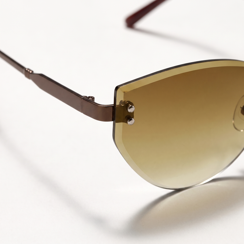 The Blank Tag Ingenue rimless cat-eye sunglasses for women, coffee with brown gradient lens – angled view — view 3