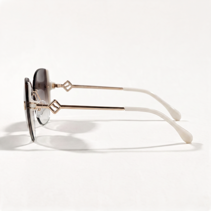 The Blank Tag Bloom rimless butterfly sunglasses for women, coffee with deep-to-clear gradient lens – side view — view 2