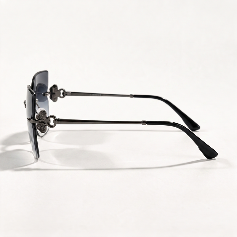 The Blank Tag Empress rimless square sunglasses for women, gun metal with smoky grey gradient lens – side view — view 2
