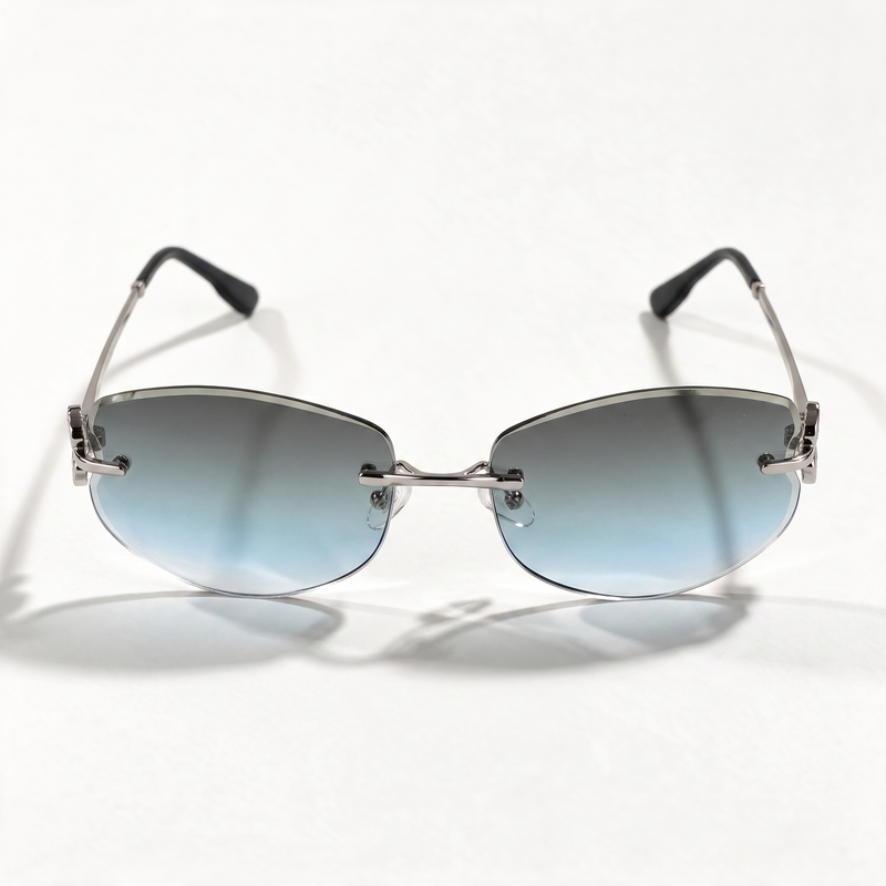 The Blank Tag Mermaid rimless oval sunglasses for women, light gun metal with grey-blue gradient lens – side view — view 2