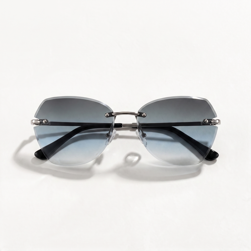 The Blank Tag Lagoon rimless square sunglasses for women, light gun metal with blue-grey gradient lens – detail view — view 4
