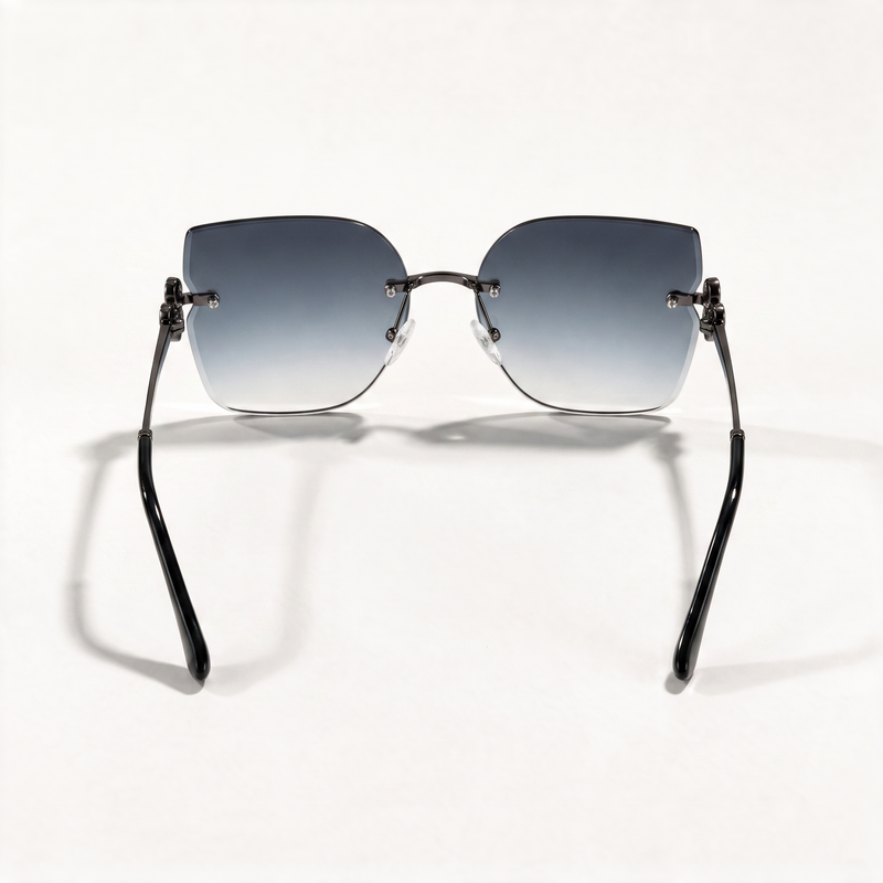 The Blank Tag Empress rimless square sunglasses for women, gun metal with smoky grey gradient lens – angled view — view 3