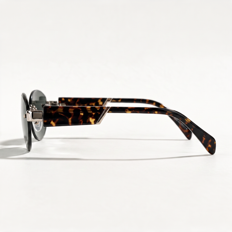 The Blank Tag Luna small rimless oval sunglasses for women, tortoise temples with deep green lens – side view — view 2