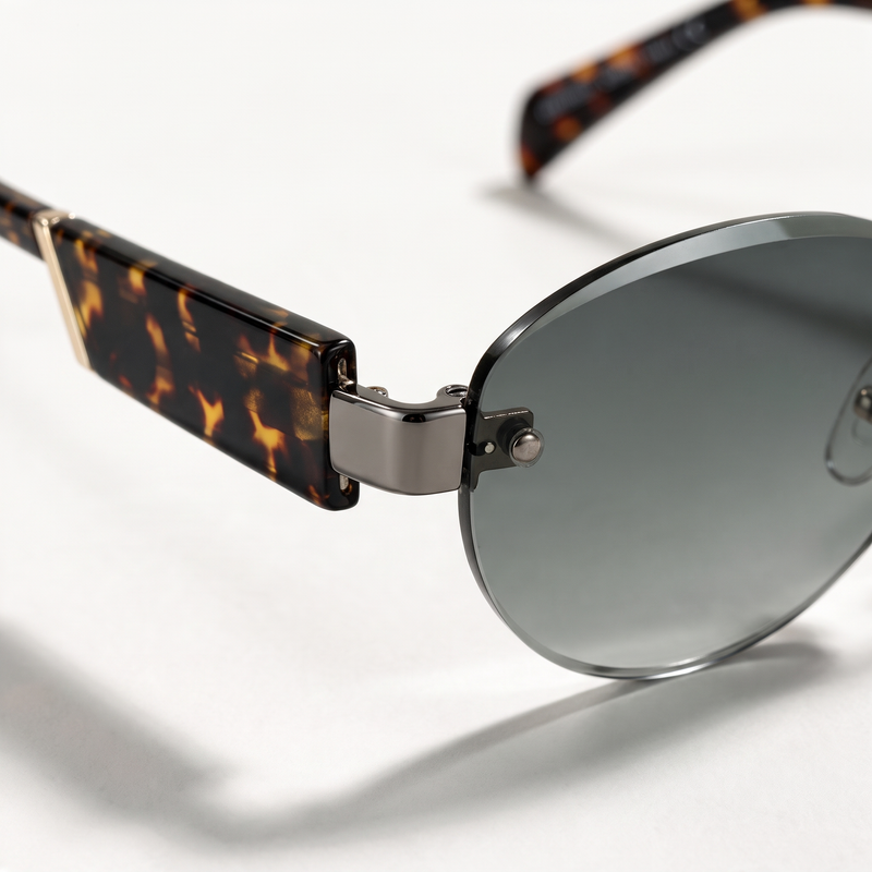 The Blank Tag Luna small rimless oval sunglasses for women, tortoise temples with deep green lens – angled view — view 3