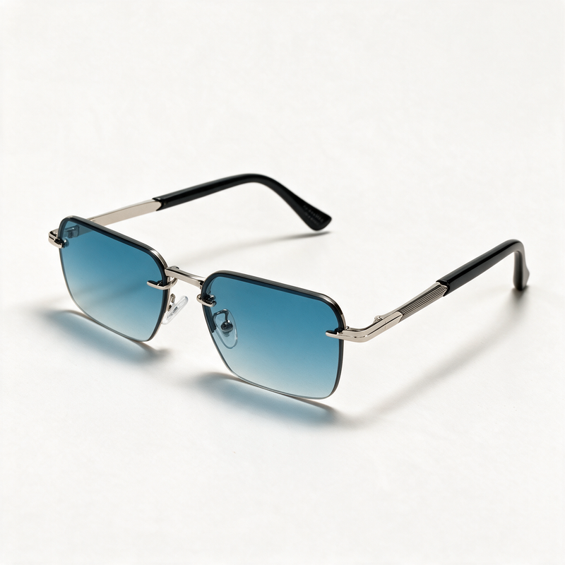 The Skipper semi-rimless rectangle sunglasses in silver with gradual blue lenses — view 1