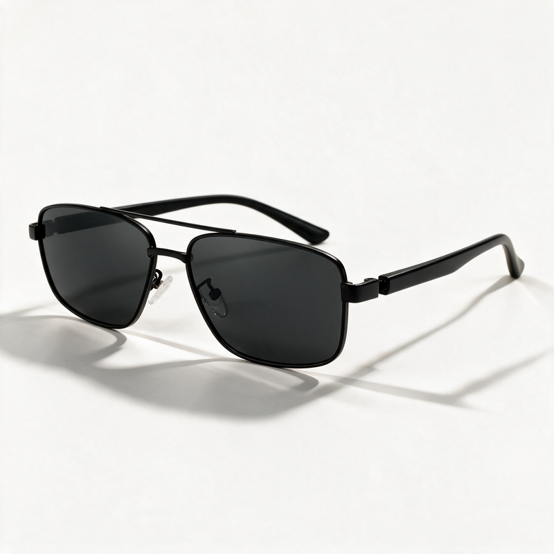 The Aviator double-bridge square metal sunglasses in matte black with black lenses — view 1