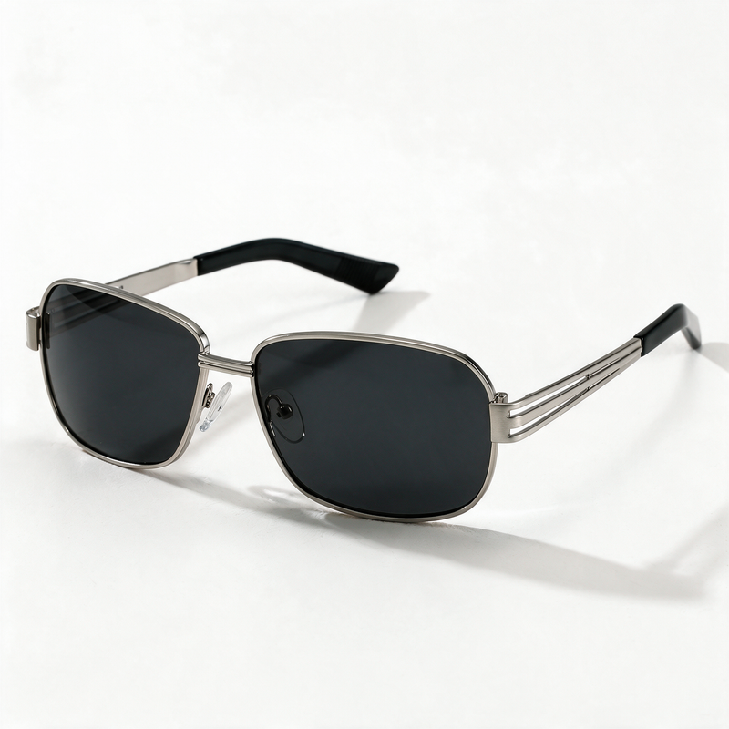 The Diplomat silver double-bridge navigator sunglasses with black lenses — view 1