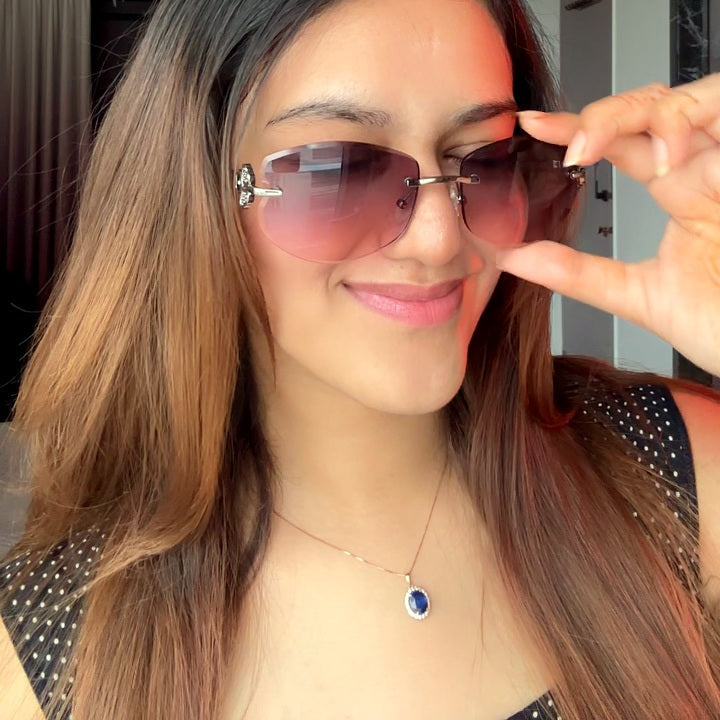 The Blank Tag Mermaid rimless oval sunglasses, purple-pink gradient — worn on model, second angle — view 5