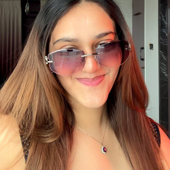 The Blank Tag Mermaid rimless oval sunglasses, purple-pink gradient — worn on model — view 4