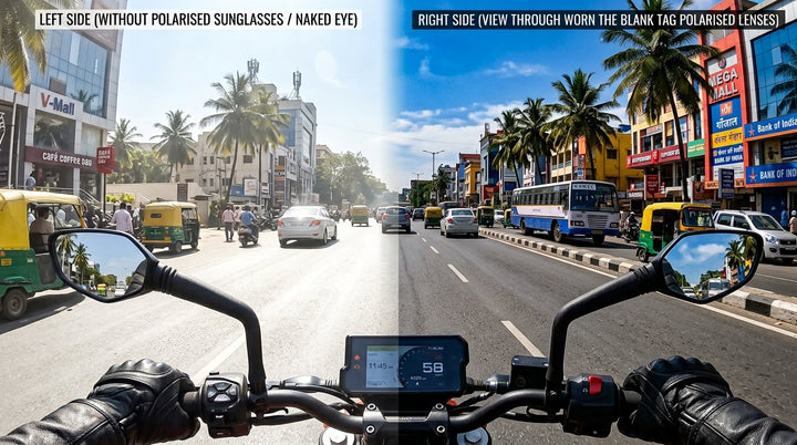 A city road seen from a motorbike: on the left with the naked eye, washed out and glary; on the right through The Blank Tag polarised lenses, with a deep blue sky and clear colours.